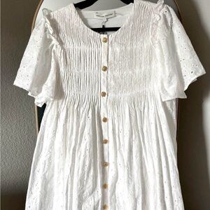 English Factory White Eyelet Dress with Gold Buttons